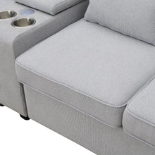 Load image into Gallery viewer, [VIDEO provided] [New] 114.2&quot; Upholstered Sofa with Console, 2 Cupholders and 2 USB Ports Wired or Wirelessly Charged, Modern Linen Fabric Couches with 4 Pillows for Living Room, Apartment (4-Seat)
