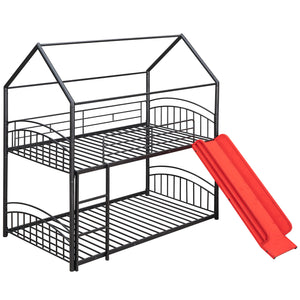 Twin Over Twin Metal Bunk Bed With Slide,Kids House Bed Black+Red