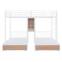 Load image into Gallery viewer, Full Over Twin &amp; Twin Triple Bunk Bed with Drawers, Multi-functional Metal Frame Bed with desks and shelves in the middle, White
