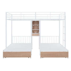 Full Over Twin & Twin Triple Bunk Bed with Drawers, Multi-functional Metal Frame Bed with desks and shelves in the middle, White