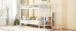 Twin Over Twin Metal Bunk Bed with Lateral Storage Ladder and Wardrobe, White