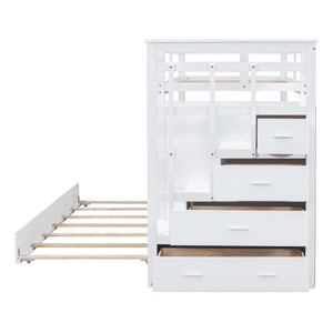 Twin Over Twin Bunk Bed with Trundle and Staircase,White(OLD SKU:LT000068AAK)