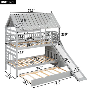 Twin over Twin House Bunk Bed with Trundle and Slide, Storage Staircase, Roof and Window Design, Gray(Old SKU: GX000931AAE)