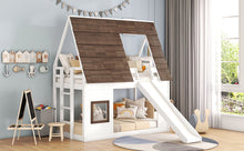 Load image into Gallery viewer, Wood Twin Size House Bunk Bed with Roof, Ladder and Slide, White+Brown
