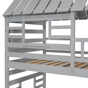 Twin over Twin House Bunk Bed with Trundle and Slide, Storage Staircase, Roof and Window Design, Gray(Old SKU: GX000931AAE)