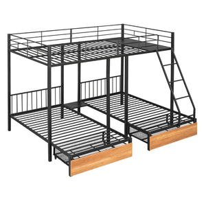 Full Over Twin & Twin Bunk Bed, Metal Triple Bunk Bed with Drawers and Guardrails, Black