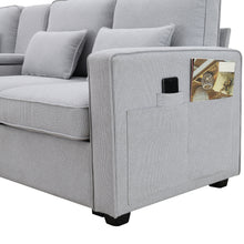 Load image into Gallery viewer, [VIDEO provided] [New] 114.2&quot; Upholstered Sofa with Console, 2 Cupholders and 2 USB Ports Wired or Wirelessly Charged, Modern Linen Fabric Couches with 4 Pillows for Living Room, Apartment (4-Seat)
