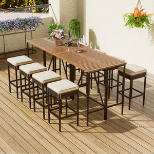 GO 10-Piece Outdoor Acacia Wood Bar Height Table And Eight Stools With Cushions, Garden PE Rattan Wicker Dining Table, Foldable Tabletop, High-Dining Bistro Set, All-Weather Patio Furniture, Brown