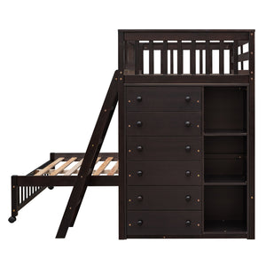 Wooden Twin Over Full Bunk Bed With Six Drawers And Flexible Shelves,Bottom Bed With Wheels,Espresso(OLD SKU:LP000531AAP)