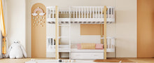 Load image into Gallery viewer, Wood Twin over Twin Bunk Bed with Fence Guardrail and a Big Drawer, White
