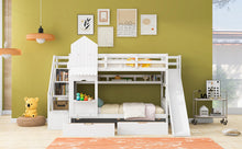 Load image into Gallery viewer, Twin-Over-Twin Castle Style Bunk Bed with 2 Drawers 3 Shelves and Slide - White
