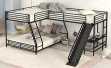 Load image into Gallery viewer, L-Shaped Twin over Full Bunk Bed with Twin Size Loft Bed,Built-in Desk and Slide,Black
