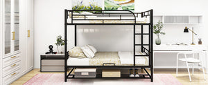 Full Over Full Metal Bunk Bed with Shelf and Guardrails, Black