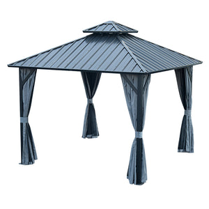 12x12ft Gazebo Double Roof Canopy with Netting and Curtains, Outdoor Gazebo 2-Tier Hardtop Galvanized Iron Aluminum Frame Garden Tent for Patio, Backyard, Deck and Lawns