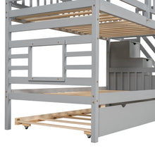 Load image into Gallery viewer, Twin over Twin House Bunk Bed with Trundle and Slide, Storage Staircase, Roof and Window Design, Gray(Old SKU: GX000931AAE)
