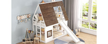 Load image into Gallery viewer, Wood Twin Size House Bunk Bed with Roof, Ladder and Slide, White+Brown
