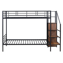 Load image into Gallery viewer, Twin Over Twin Metal Bunk Bed with Lateral Storage Ladder and Wardrobe, Black
