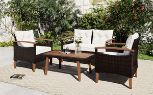 GO 4-Piece Garden Furniture,  Patio Seating Set, PE Rattan Outdoor Sofa Set, Wood Table and Legs, Brown and Beige