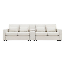 Load image into Gallery viewer, [VIDEO provided] [New] 114.2&quot; Upholstered Sofa with Console, 2 Cupholders and 2 USB Ports Wired or Wirelessly Charged, Modern Linen Fabric Couches with 4 Pillows for Living Room, Apartment (4-Seat)
