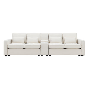 [VIDEO provided] [New] 114.2" Upholstered Sofa with Console, 2 Cupholders and 2 USB Ports Wired or Wirelessly Charged, Modern Linen Fabric Couches with 4 Pillows for Living Room, Apartment (4-Seat)