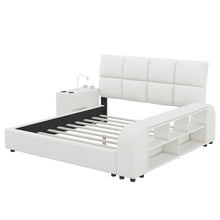 Load image into Gallery viewer, Queen Size Upholstered Platform Bed with Multimedia Nightstand and Storage Shelves, White
