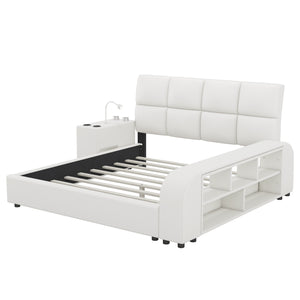 Queen Size Upholstered Platform Bed with Multimedia Nightstand and Storage Shelves, White