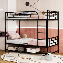 Load image into Gallery viewer, Twin Over Twin Metal Bunk Bed with Shelf and Guardrails, Black
