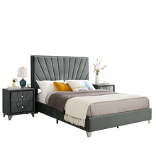 Load image into Gallery viewer, B108 Queen bed with two nightstands, Beautiful line stripe cushion headboard , strong wooden slats + metal legs with Electroplate
