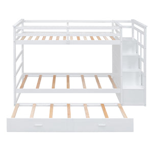 Twin Over Twin Bunk Bed with Trundle and Staircase,White(OLD SKU:LT000068AAK)