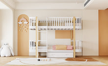 Load image into Gallery viewer, Wood Twin over Twin Bunk Bed with Fence Guardrail and a Big Drawer, White
