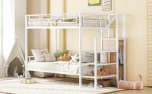 Load image into Gallery viewer, Twin Over Twin Metal Bunk Bed with Lateral Storage Ladder and Wardrobe, White
