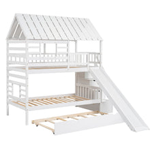 Load image into Gallery viewer, Twin over Twin House Bunk Bed with Trundle and Slide, Storage Staircase, Roof and Window Design, White(Old SKU: GX000931AAK)
