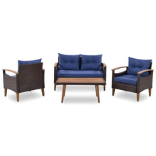 Load image into Gallery viewer, GO 4-Piece Garden Furniture,  Patio Seating Set, PE Rattan Outdoor Sofa Set, Wood Table and Legs, Brown and Blue
