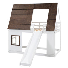 Load image into Gallery viewer, Wood Twin Size House Bunk Bed with Roof, Ladder and Slide, White+Brown
