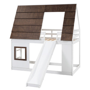 Wood Twin Size House Bunk Bed with Roof, Ladder and Slide, White+Brown