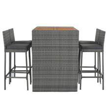 Load image into Gallery viewer, GO 5-pieces Outdoor Patio Wicker Bar Set, Bar Height Chairs With Non-Slip Feet And Fixed Rope, Removable Cushion, Acacia Wood Table Top, Brown Wood And Gray Wicker
