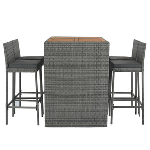 GO 5-pieces Outdoor Patio Wicker Bar Set, Bar Height Chairs With Non-Slip Feet And Fixed Rope, Removable Cushion, Acacia Wood Table Top, Brown Wood And Gray Wicker