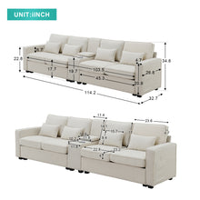 Load image into Gallery viewer, [VIDEO provided] [New] 114.2&quot; Upholstered Sofa with Console, 2 Cupholders and 2 USB Ports Wired or Wirelessly Charged, Modern Linen Fabric Couches with 4 Pillows for Living Room, Apartment (4-Seat)
