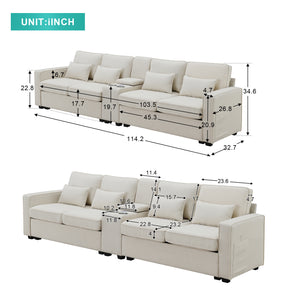 [VIDEO provided] [New] 114.2" Upholstered Sofa with Console, 2 Cupholders and 2 USB Ports Wired or Wirelessly Charged, Modern Linen Fabric Couches with 4 Pillows for Living Room, Apartment (4-Seat)