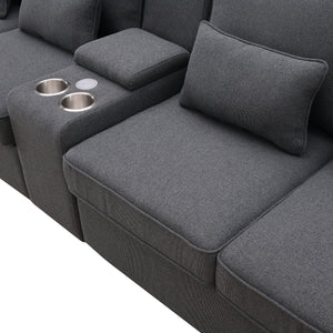 [VIDEO provided] [New] 114.2" Upholstered Sofa with Console, 2 Cupholders and 2 USB Ports Wired or Wirelessly Charged, Modern Linen Fabric Couches with 4 Pillows for Living Room, Apartment (4-Seat)