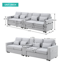 Load image into Gallery viewer, [VIDEO provided] [New] 114.2&quot; Upholstered Sofa with Console, 2 Cupholders and 2 USB Ports Wired or Wirelessly Charged, Modern Linen Fabric Couches with 4 Pillows for Living Room, Apartment (4-Seat)
