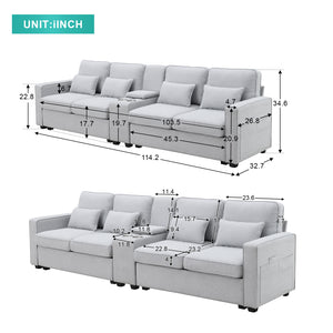 [VIDEO provided] [New] 114.2" Upholstered Sofa with Console, 2 Cupholders and 2 USB Ports Wired or Wirelessly Charged, Modern Linen Fabric Couches with 4 Pillows for Living Room, Apartment (4-Seat)