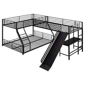 L-Shaped Twin over Full Bunk Bed with Twin Size Loft Bed,Built-in Desk and Slide,Black