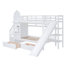 Load image into Gallery viewer, Twin-Over-Twin Castle Style Bunk Bed with 2 Drawers 3 Shelves and Slide - White
