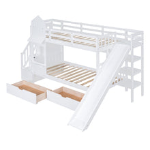 Load image into Gallery viewer, Twin-Over-Twin Castle Style Bunk Bed with 2 Drawers 3 Shelves and Slide - White
