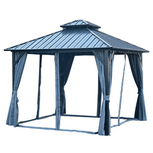 12x12ft Gazebo Double Roof Canopy with Netting and Curtains, Outdoor Gazebo 2-Tier Hardtop Galvanized Iron Aluminum Frame Garden Tent for Patio, Backyard, Deck and Lawns