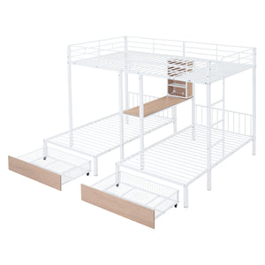 Full Over Twin & Twin Triple Bunk Bed with Drawers, Multi-functional Metal Frame Bed with desks and shelves in the middle, White