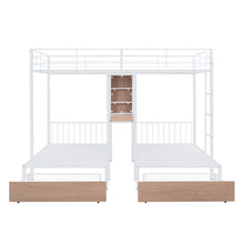 Load image into Gallery viewer, Full Over Twin &amp; Twin Triple Bunk Bed with Drawers, Multi-functional Metal Frame Bed with desks and shelves in the middle, White
