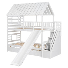 Load image into Gallery viewer, Twin over Twin House Bunk Bed with Trundle and Slide, Storage Staircase, Roof and Window Design, White(Old SKU: GX000931AAK)
