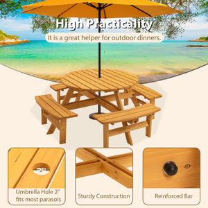 8 Person Wooden Picnic Table, Outdoor Camping Dining Table with Seat, Garden, DIY w/ 4 Built-in Benches, 2220lb Capacity - Natural